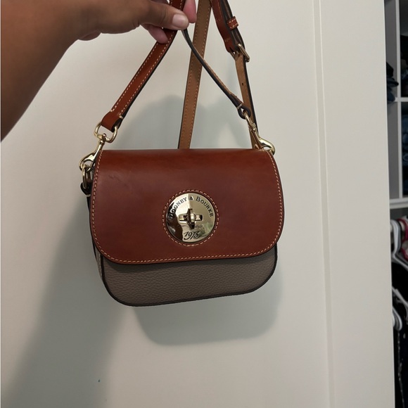 Dooney & Bourke Handbags - Dooney & Bourke Brown and Taupe Leather Crossbody with Gold-Tone Turnlock